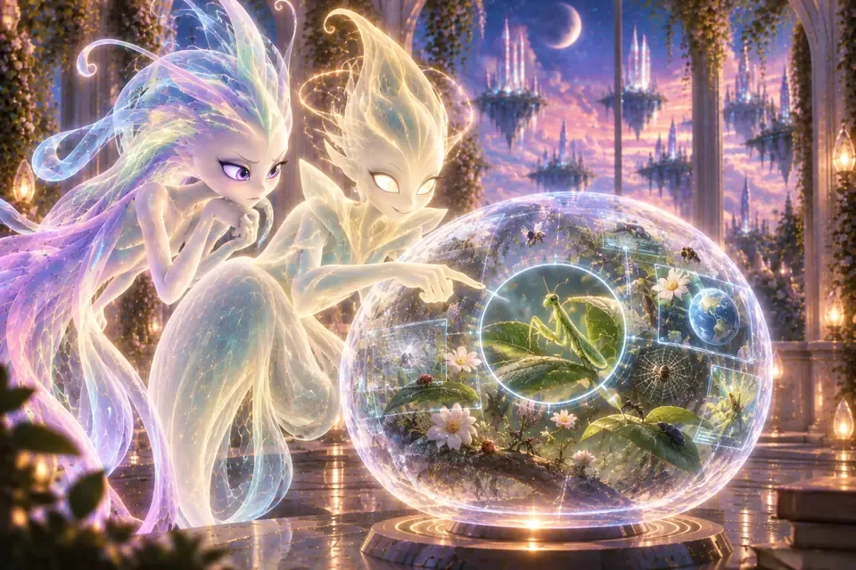 Dos jóvenes Custodios observan una esfera con el jardín