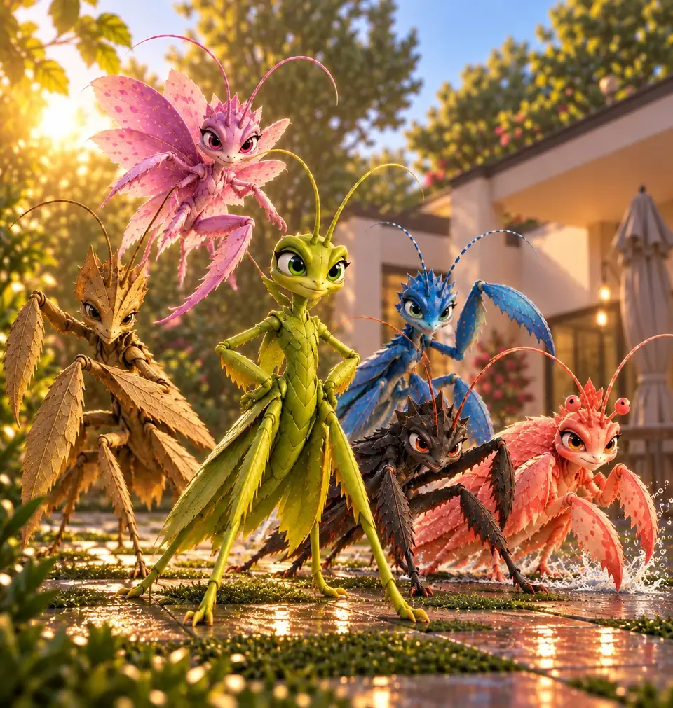 Los protagonistas juntos en el jardín