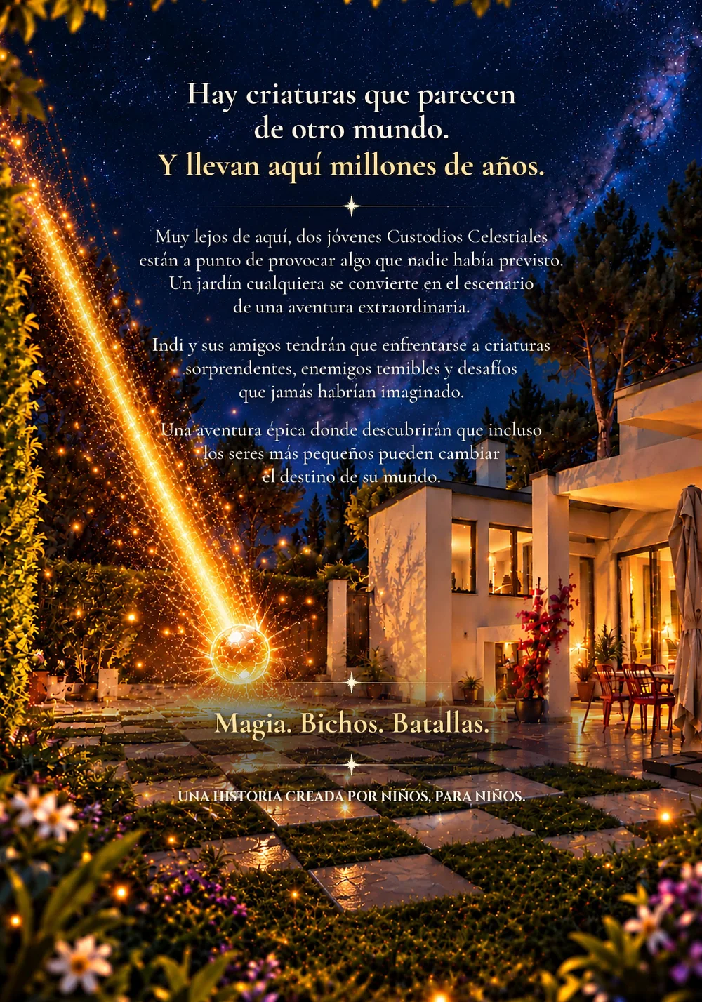 Contraportada del libro La Mantis Estelar, con el meteorito cayendo sobre el jardín